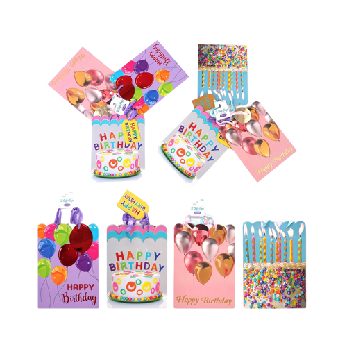 Colorful birthday gift bags with balloons and cake designs for birthday from Parte Haus party supply store in Bethesda MD