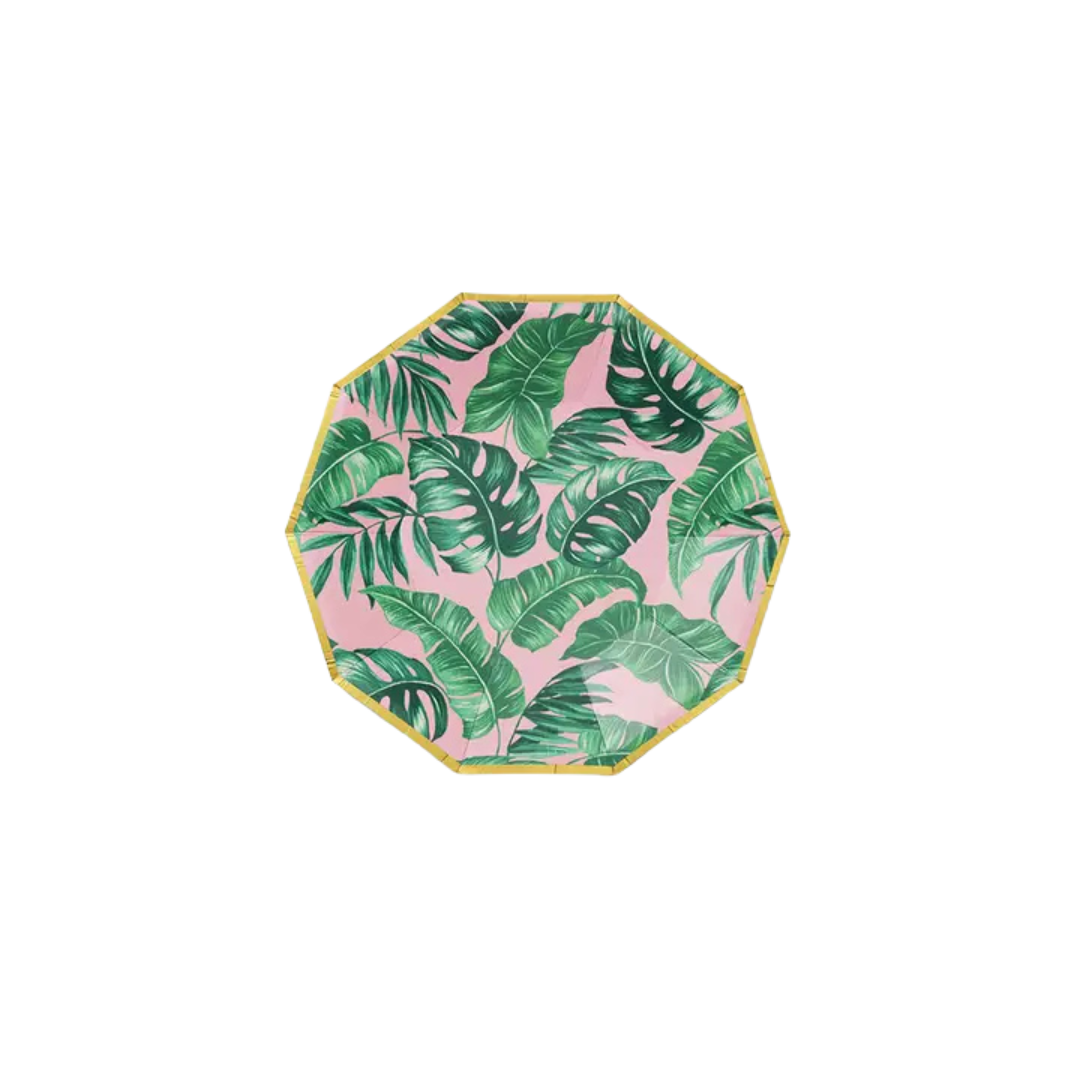 Pink and green tropical leaf plate with gold trim summer theme from Parte Haus party supply store in Bethesda MD