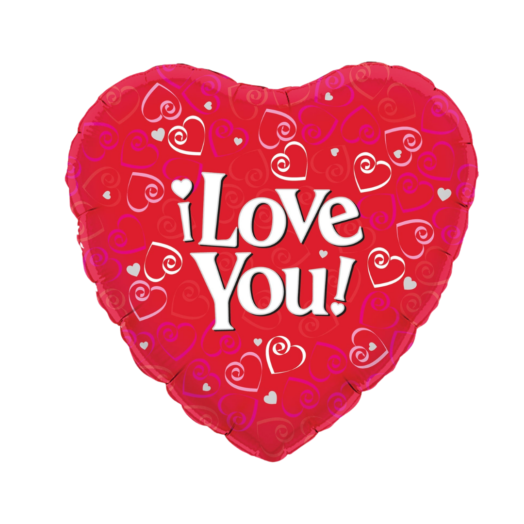 Red heart balloon with white i love you text and heart patterns for romantic occasions from Parte Haus party supply store in Bethesda Maryland