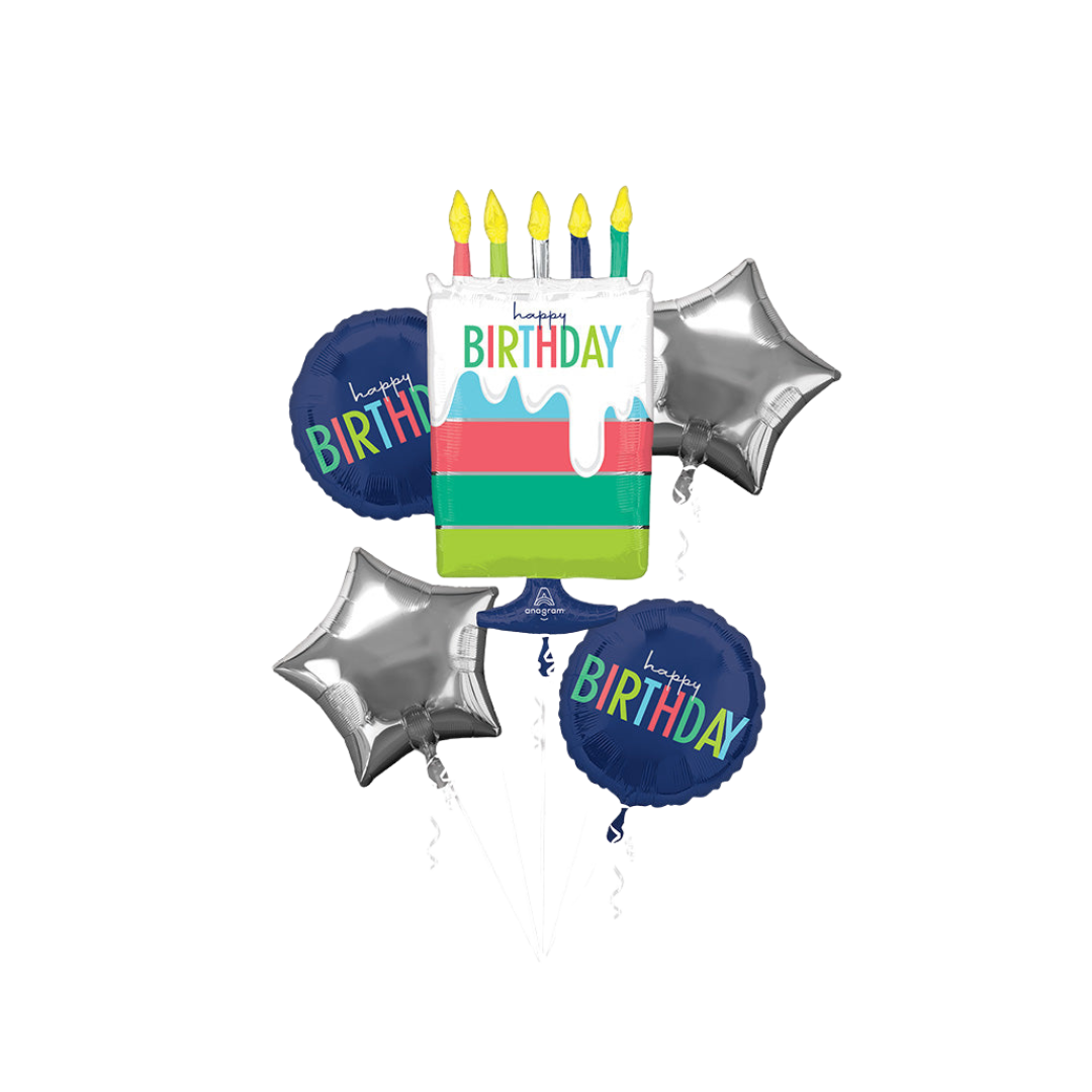 Colorful birthday balloon bouquet with star and cake designs birthday theme from Parte Haus party supply store in Bethesda Maryland