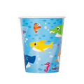 Blue Baby Shark paper cup with colorful cartoon sharks and fish for kids birthday from Parte Haus party supply store in Bethesda Maryland