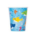 Blue Baby Shark paper cup with colorful cartoon sharks and fish for kids birthday from Parte Haus party supply store in Bethesda Maryland