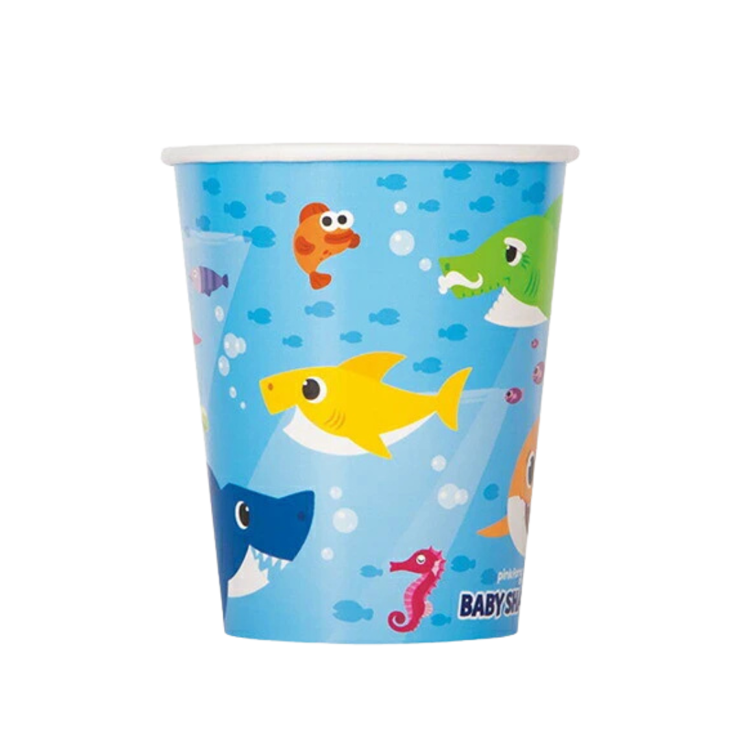 Blue Baby Shark paper cup with colorful cartoon sharks and fish for kids birthday from Parte Haus party supply store in Bethesda Maryland