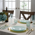 Aqua blue dinnerware set with gold flatware elegant table setting for celebration from Parte Haus party supply store in Bethesda MD