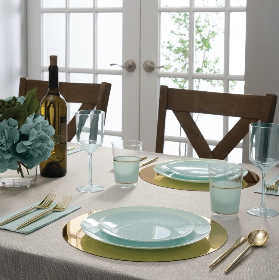 Aqua blue dinnerware set with gold flatware elegant table setting for celebration from Parte Haus party supply store in Bethesda MD