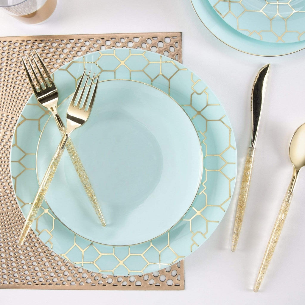 Blue and gold dinnerware set with geometric pattern elegant table setting from Parte Haus party supply store in Bethesda Maryland
