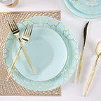 Blue and gold dinnerware set with geometric pattern elegant table setting from Parte Haus party supply store in Bethesda Maryland