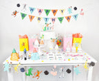 Colorful animal birthday decorations with hats and banners for kids from Parte Haus party supply store in Bethesda Maryland