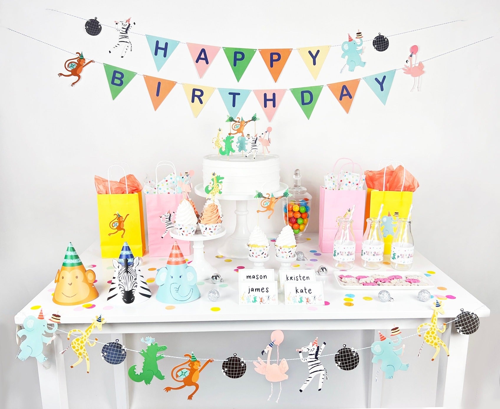Colorful animal birthday decorations with hats and banners for kids from Parte Haus party supply store in Bethesda Maryland