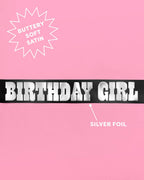 Black and silver satin birthday girl sash for birthday theme from Parte Haus party supply store in Bethesda Maryland
