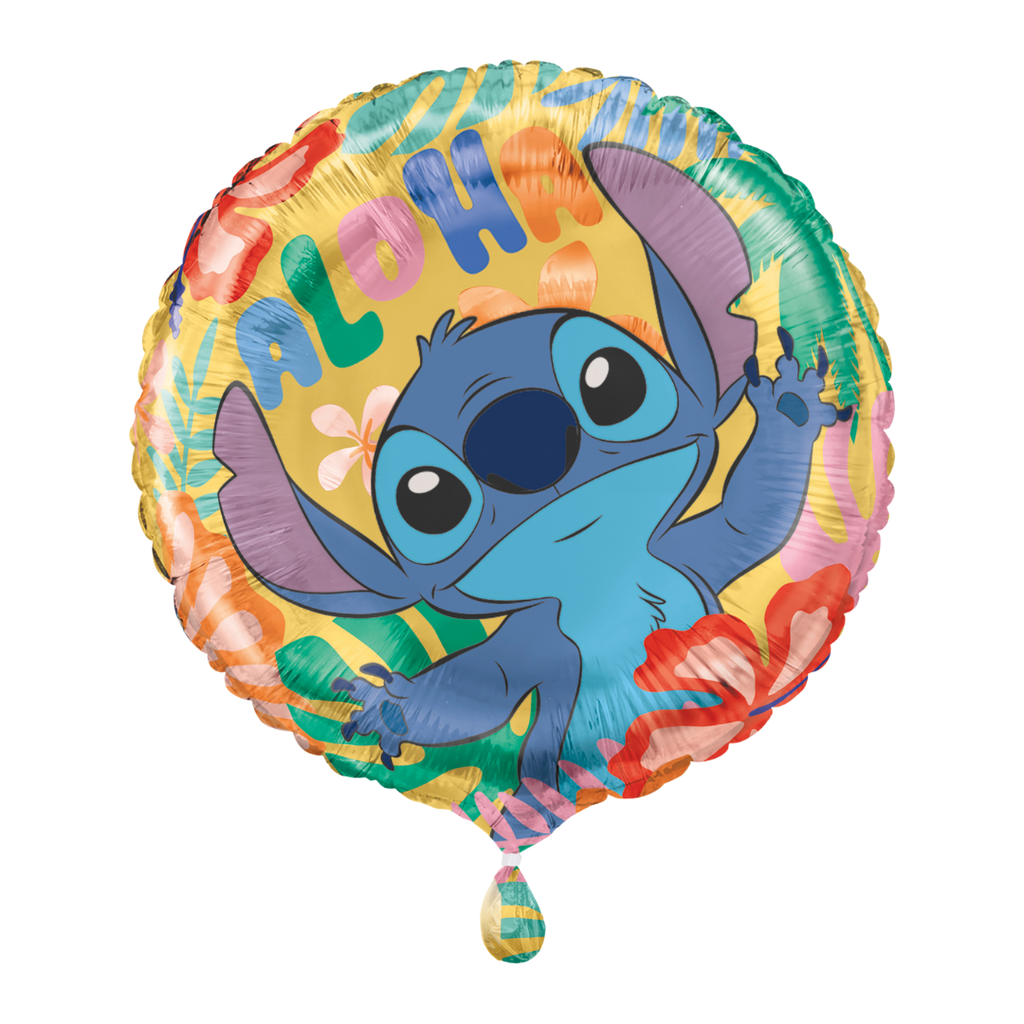 Yellow Stitch-themed foil balloon with tropical flowers for luau from Parte Haus party supply store in Bethesda MD