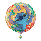 Yellow Stitch-themed foil balloon with tropical flowers for luau from Parte Haus party supply store in Bethesda MD