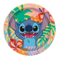 Blue Stitch character paper plate with tropical flowers for birthday party from Parte Haus party supply store in Bethesda Maryland