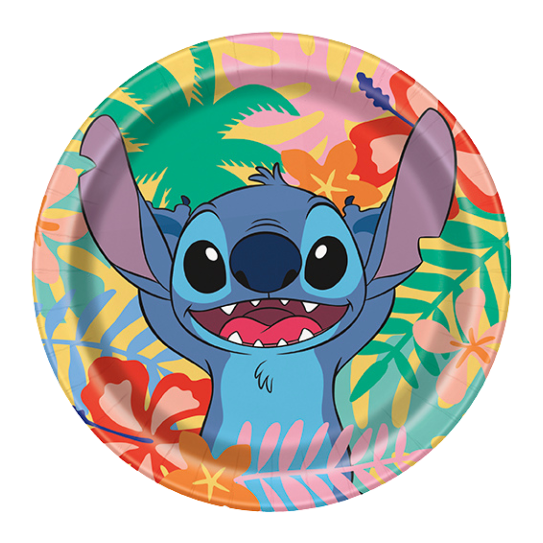 Blue Stitch character paper plate with tropical flowers for birthday party from Parte Haus party supply store in Bethesda Maryland