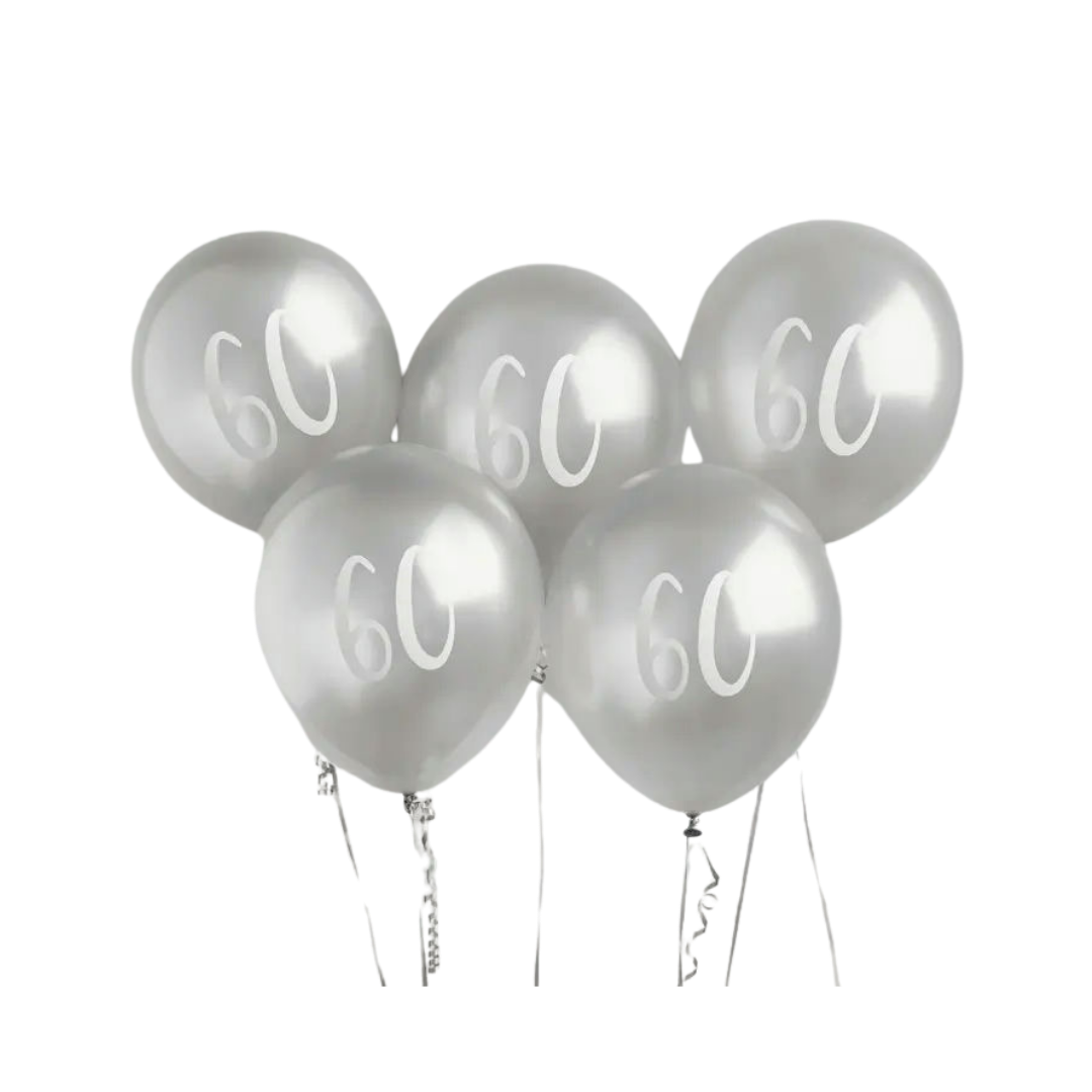 Silver 60th birthday balloons with bold white numbers milestone celebration from Parte Haus party supply store in Bethesda MD