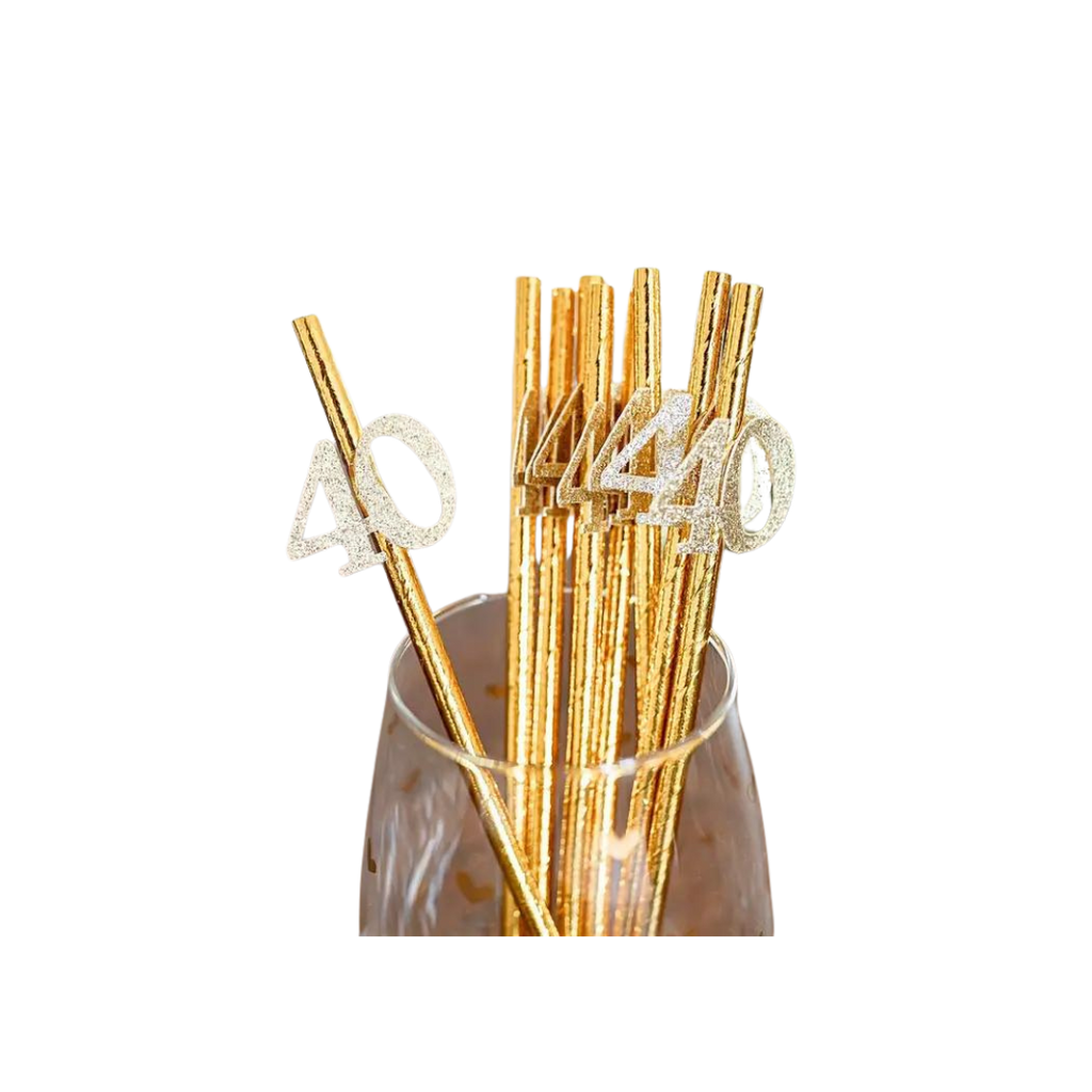 Metallic gold straws with glitter 40 toppers for 40th birthday from Parte Haus party supply store in Bethesda Maryland