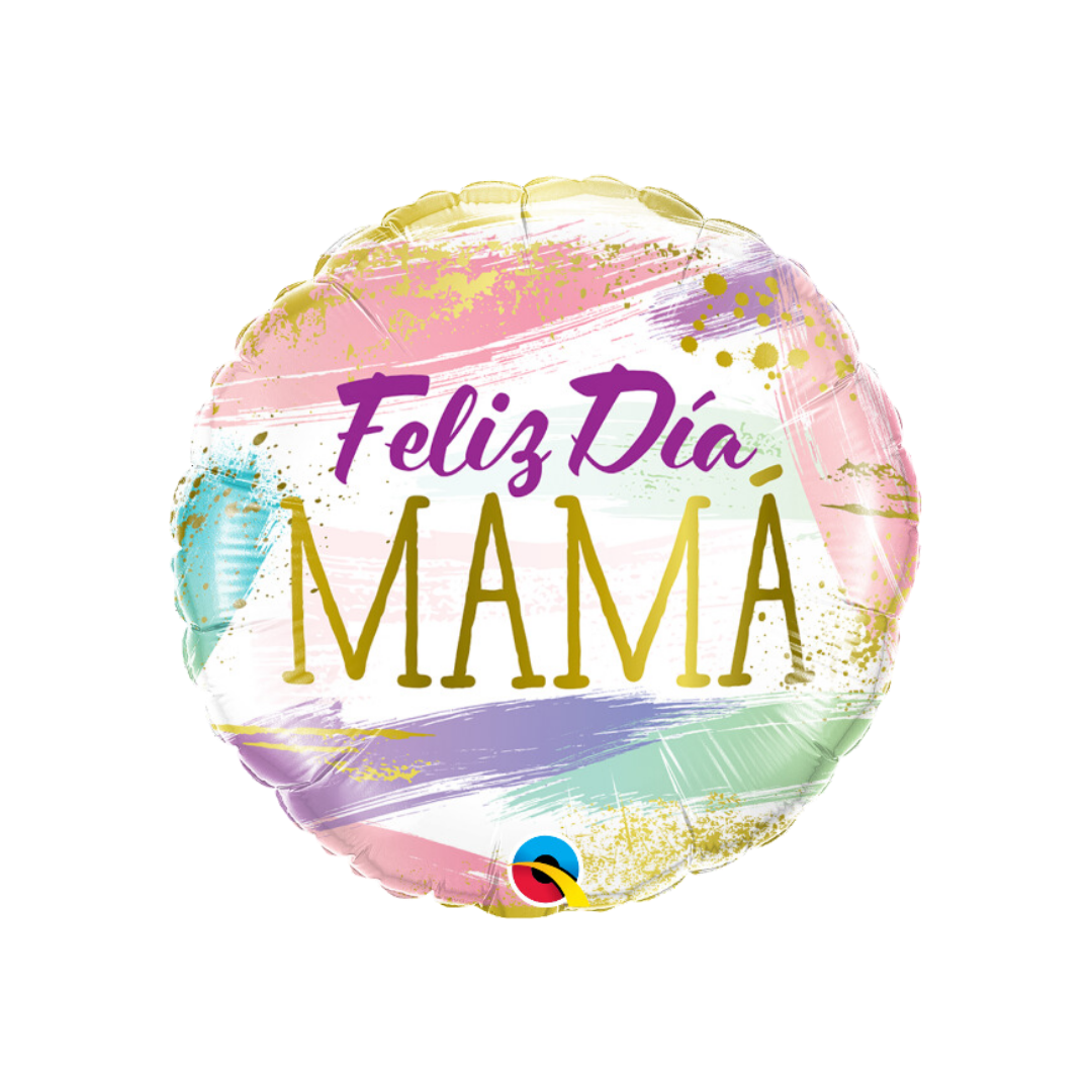 Pastel multicolor Feliz Día Mamá balloon with gold accents for Mother's Day from Parte Haus party supply store in Bethesda MD.