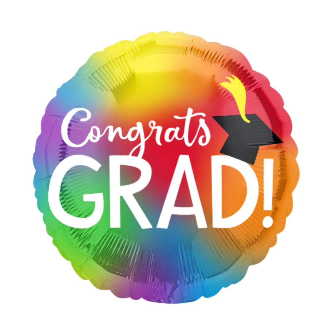 Rainbow graduation balloon with black cap design for graduation party from Parte Haus party supply store in Bethesda MD