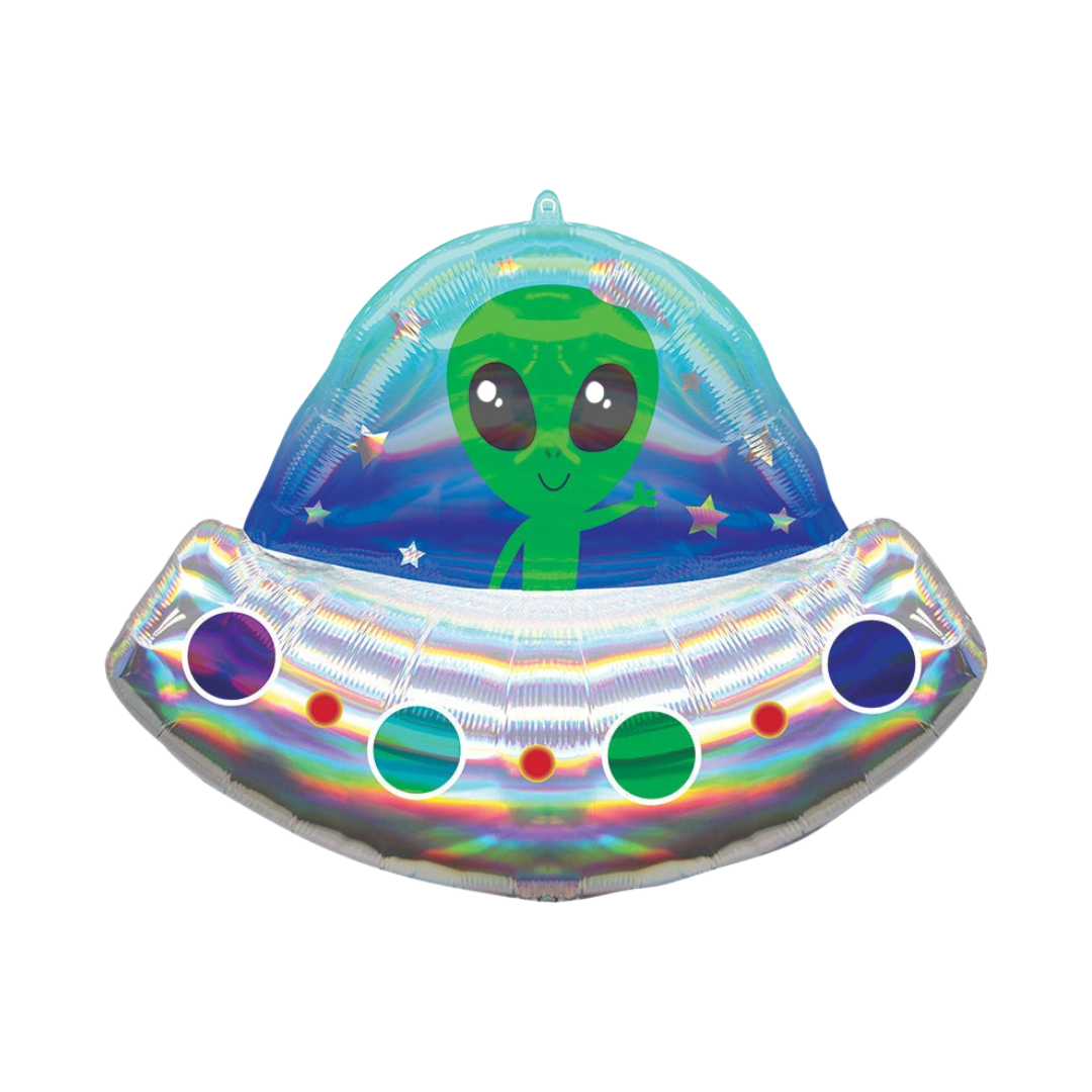 Holographic alien spaceship balloon with stars space theme from Parte Haus party supply store in Bethesda Maryland