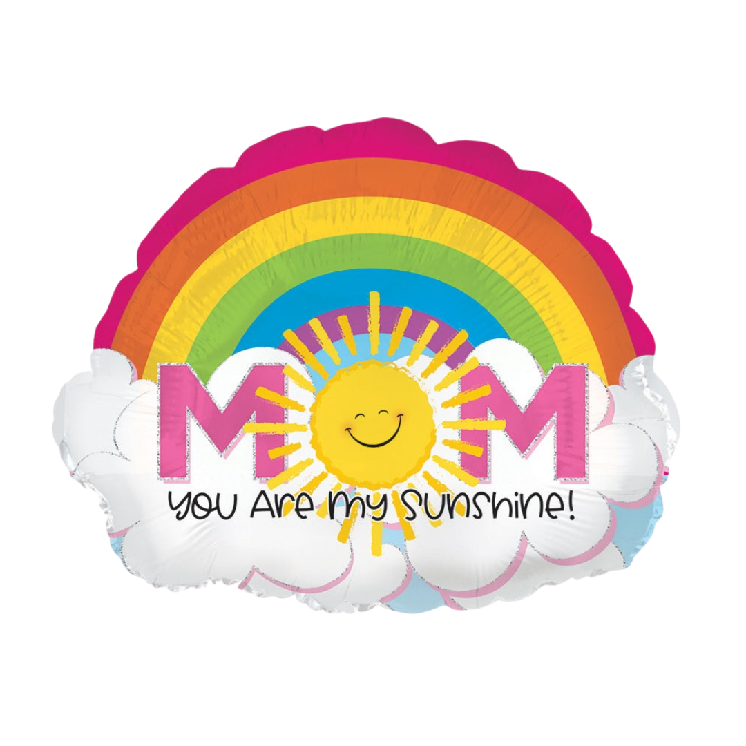 Rainbow mom balloon with smiling sun and clouds for Mother's Day from Parte Haus party supply store in Bethesda Maryland