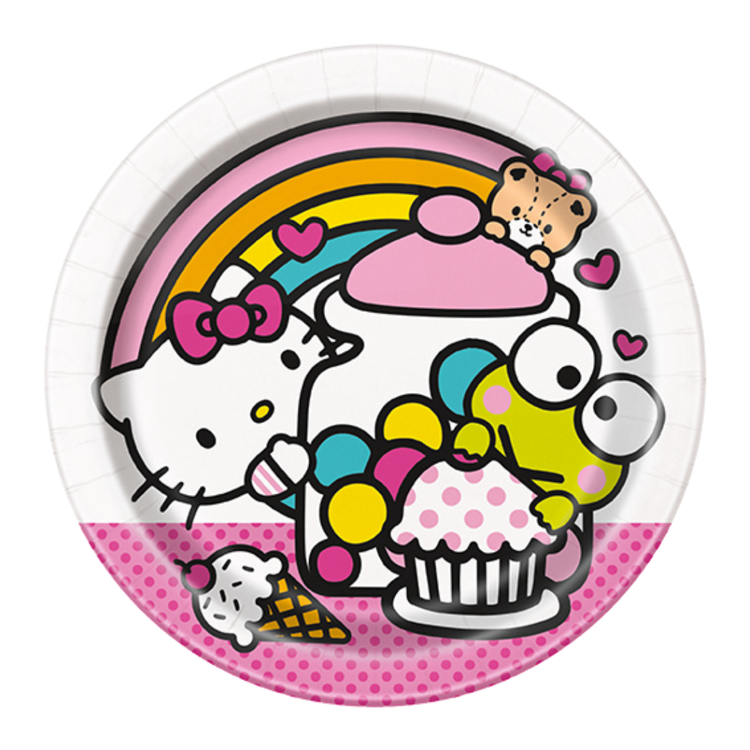 Pink rainbow character paper plate with cupcakes for kids birthday from Parte Haus party supply store in Bethesda MD