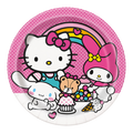 Pink Hello Kitty themed paper plate with rainbow and cute characters for kids birthday from Parte Haus party supply store in Bethesda MD