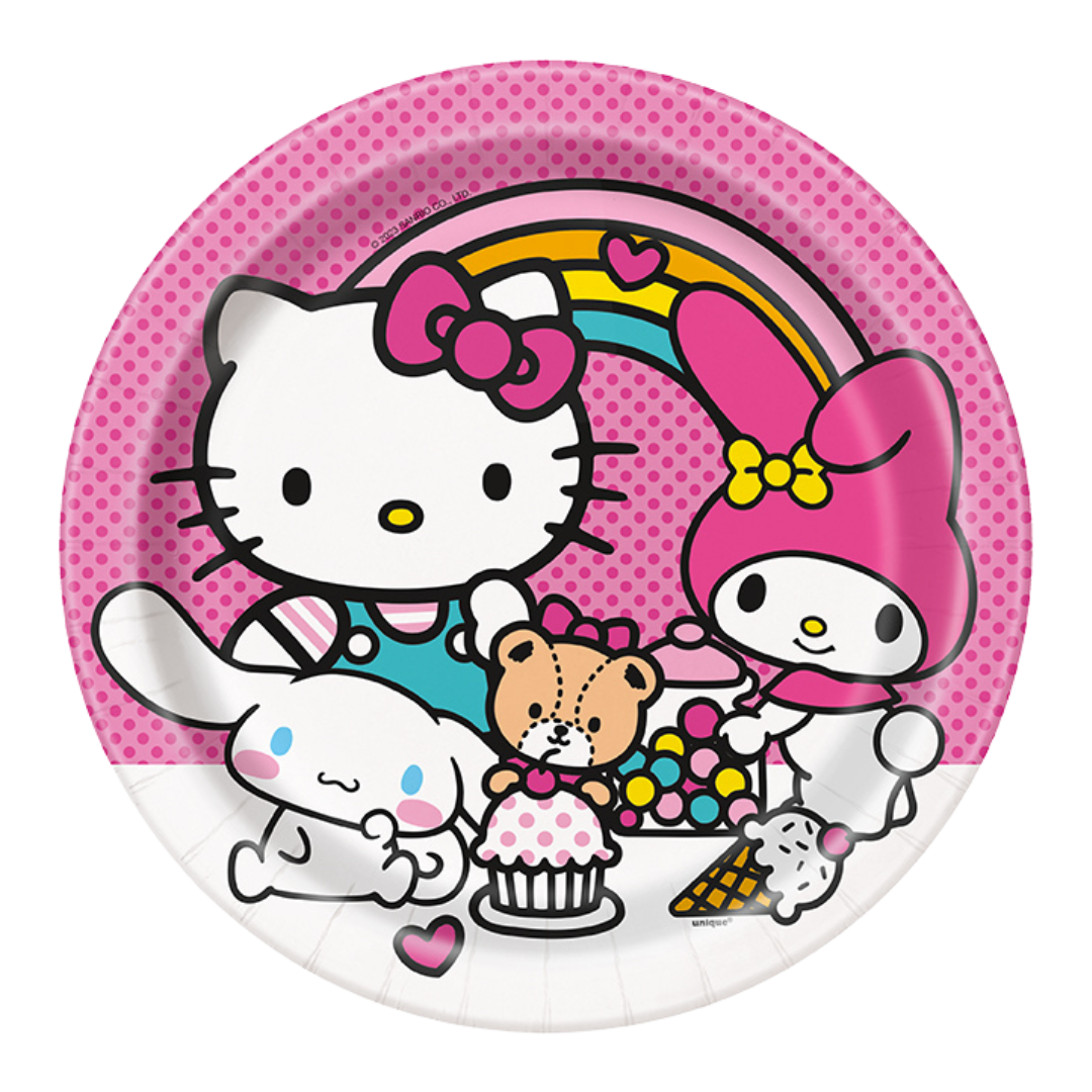 Pink Hello Kitty themed paper plate with rainbow and cute characters for kids birthday from Parte Haus party supply store in Bethesda MD