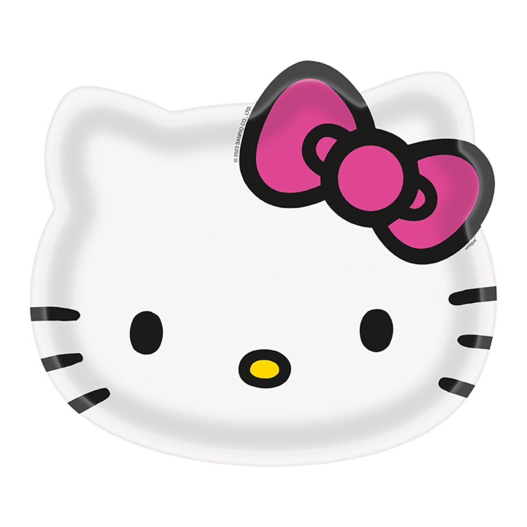 White Hello Kitty face plate with pink bow for kids birthday from Parte Haus party supply store in Bethesda MD