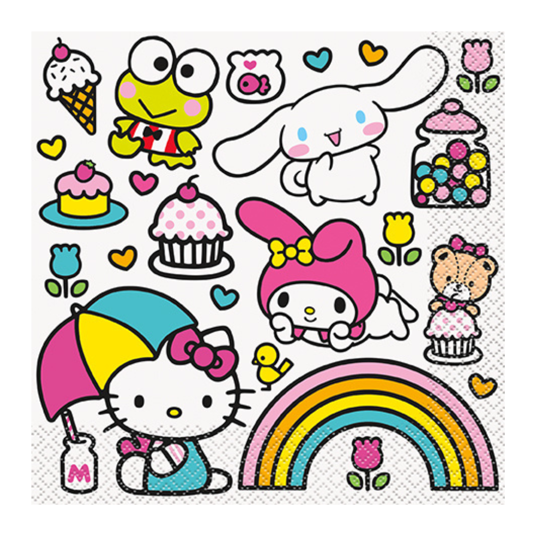 Multicolor Hello Kitty character napkin with rainbow cupcakes and flowers kids birthday from Parte Haus party supply store in Bethesda MD