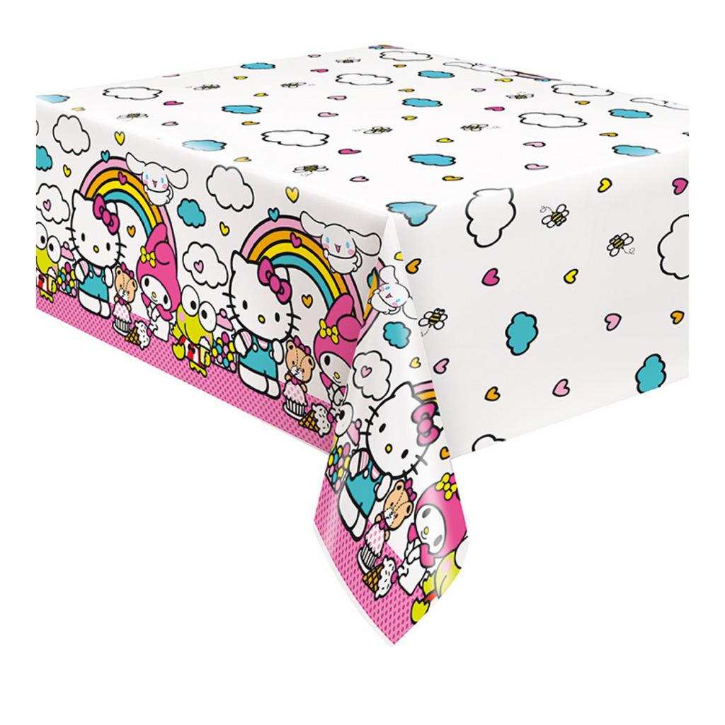 Colorful Hello Kitty table cover with rainbows and clouds birthday theme from Parte Haus party supply store in Bethesda MD