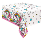 Colorful Hello Kitty table cover with rainbows and clouds birthday theme from Parte Haus party supply store in Bethesda MD