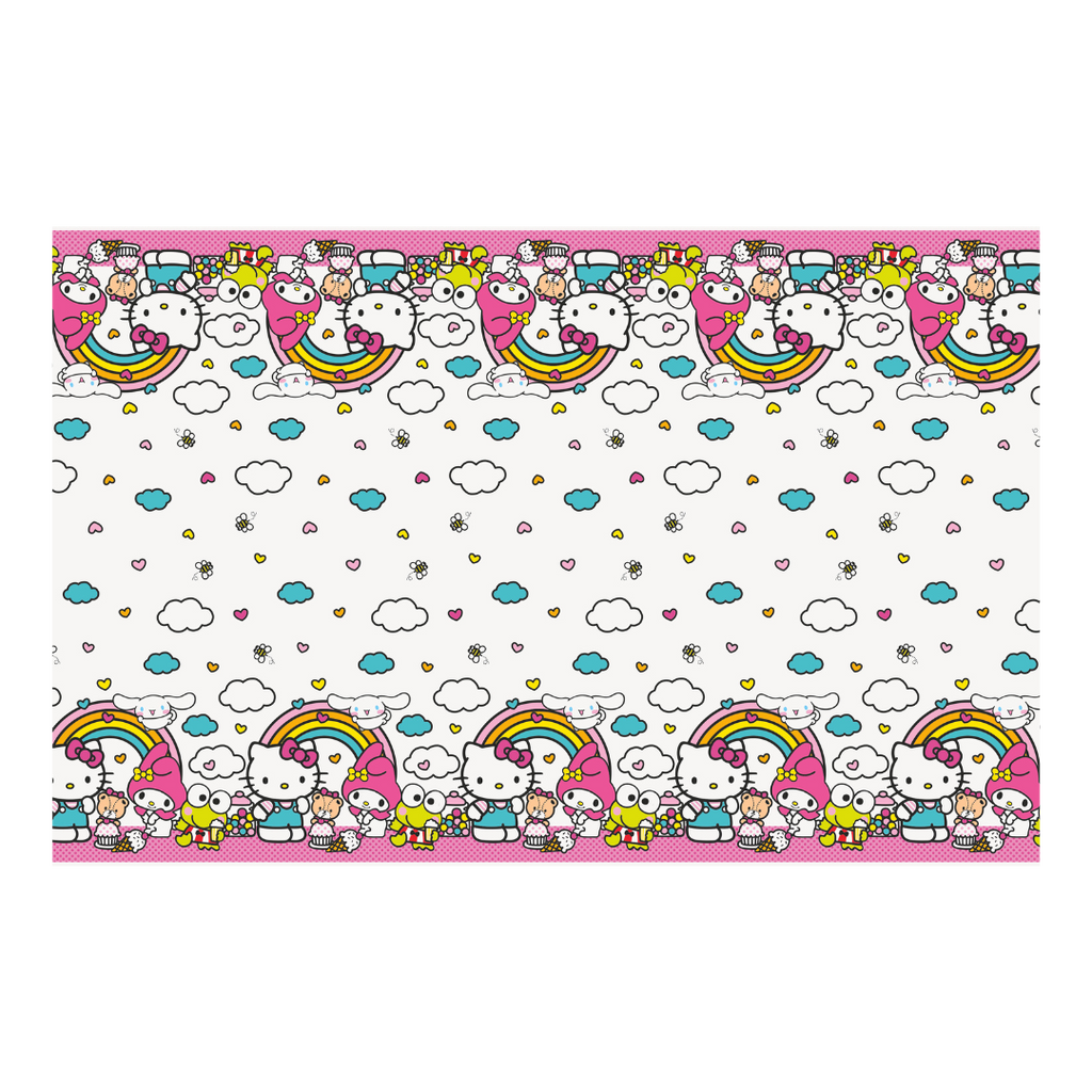 Pink Hello Kitty plastic table cover with cartoon friends and rainbows for birthday from Parte Haus party supply store in Bethesda Maryland