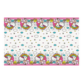Pink Hello Kitty plastic table cover with cartoon friends and rainbows for birthday from Parte Haus party supply store in Bethesda Maryland