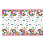 Pink Hello Kitty plastic table cover with cartoon friends and rainbows for birthday from Parte Haus party supply store in Bethesda Maryland