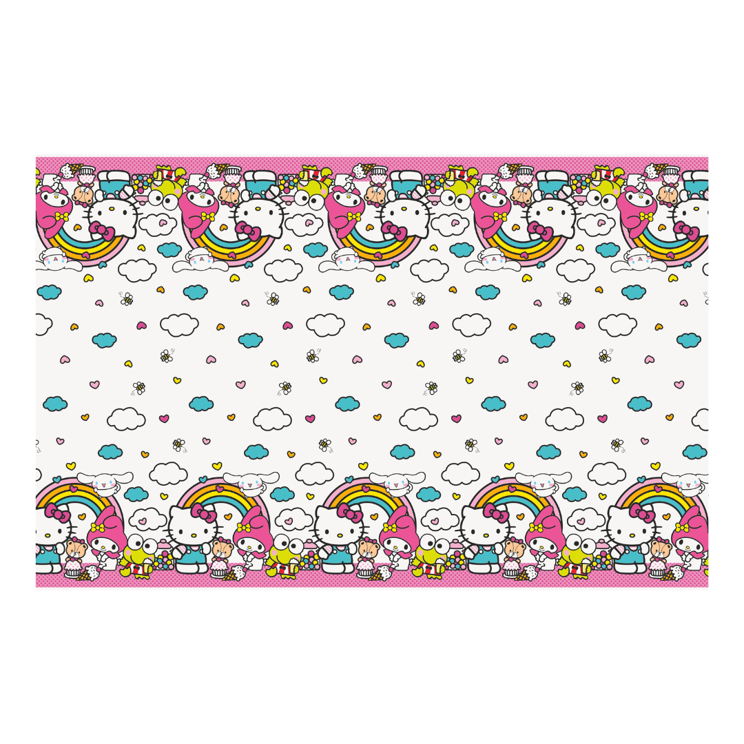 Pink Hello Kitty plastic table cover with cartoon friends and rainbows for birthday from Parte Haus party supply store in Bethesda Maryland