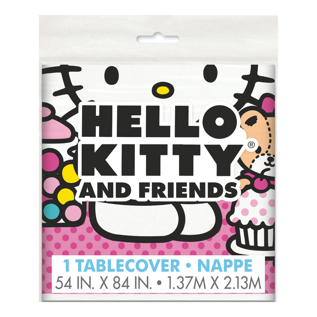 Pink Hello Kitty tablecover with cupcakes birthday theme from Parte Haus party supply store in Bethesda MD