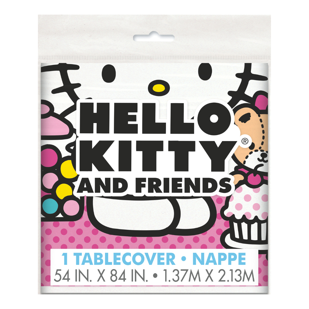 Pink Hello Kitty tablecover with cupcakes birthday theme from Parte Haus party supply store in Bethesda MD