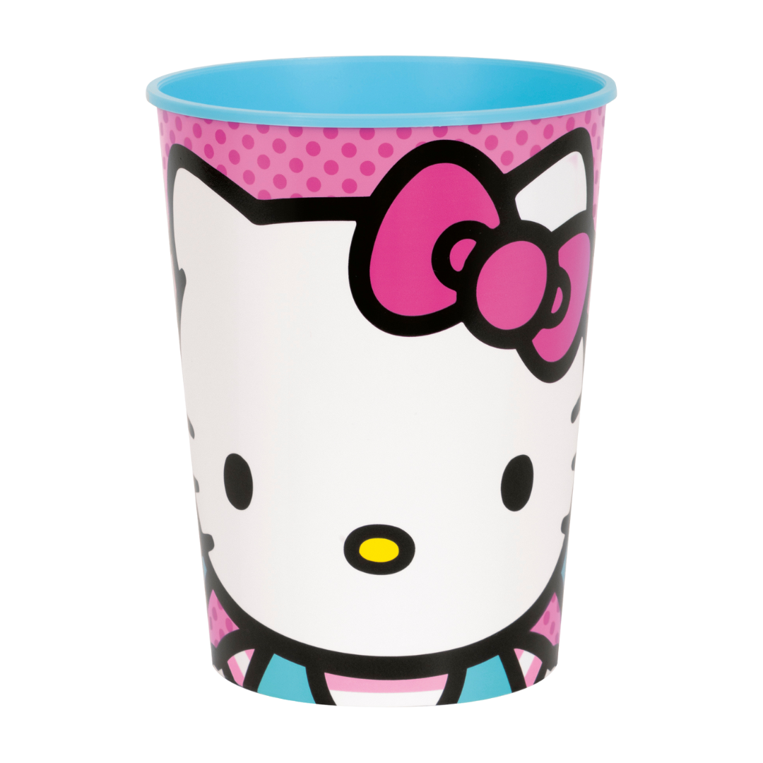Pink and blue Hello Kitty plastic cup with cartoon face design birthday theme from Parte Haus party supply store in Bethesda MD