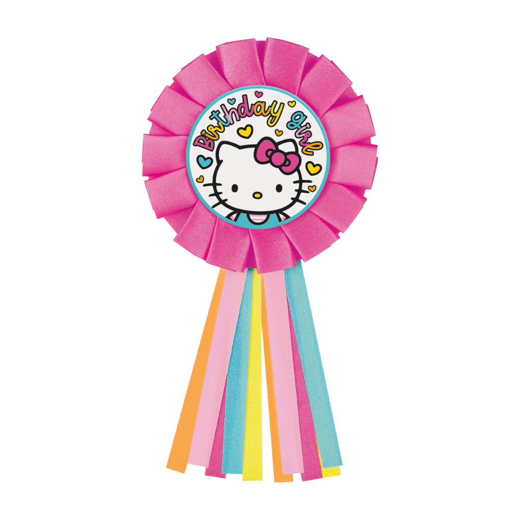Pink and rainbow birthday badge with cartoon cat for girls from Parte Haus party supply store in Bethesda MD