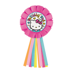 Pink and rainbow birthday badge with cartoon cat for girls from Parte Haus party supply store in Bethesda MD
