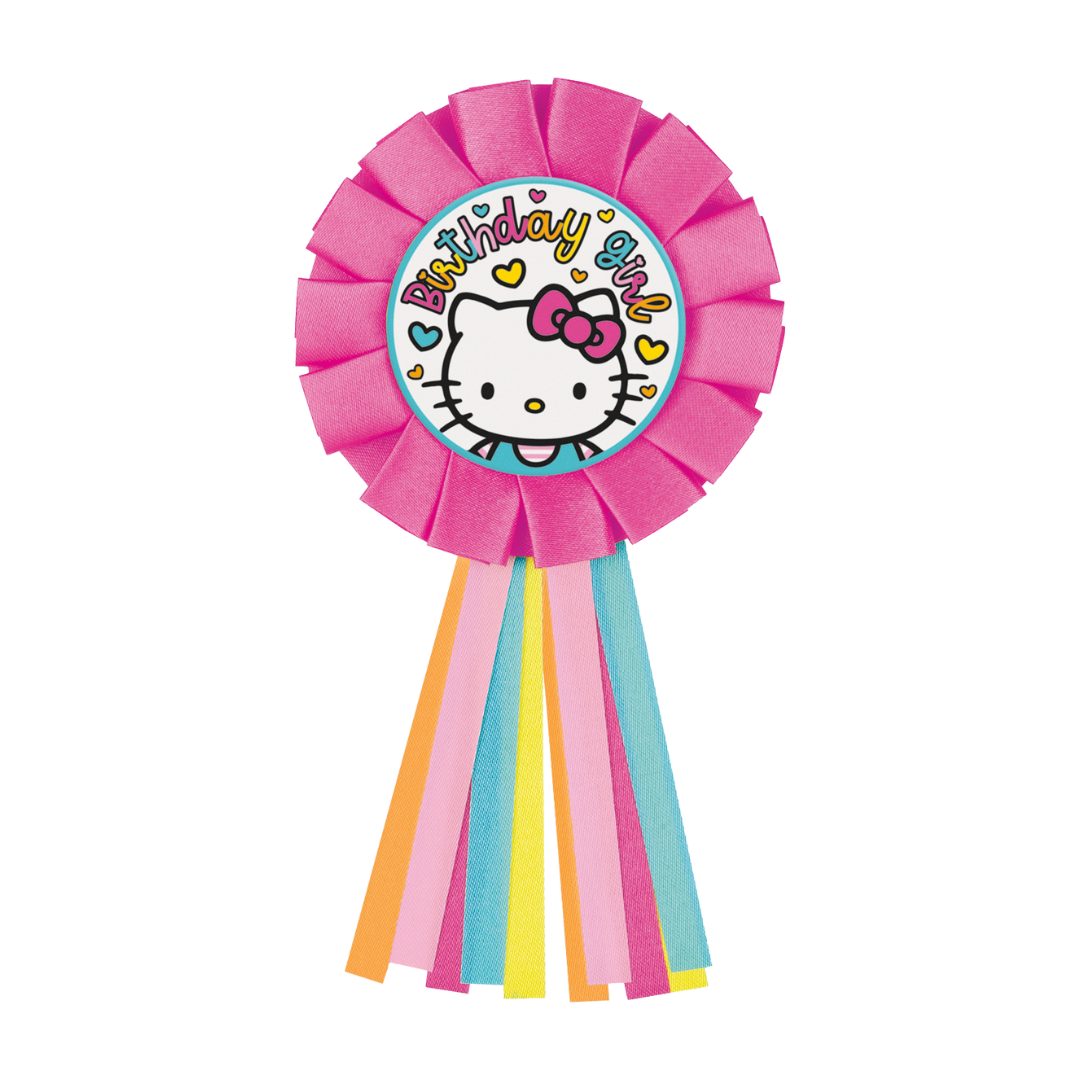 Pink and rainbow birthday badge with cartoon cat for girls from Parte Haus party supply store in Bethesda MD