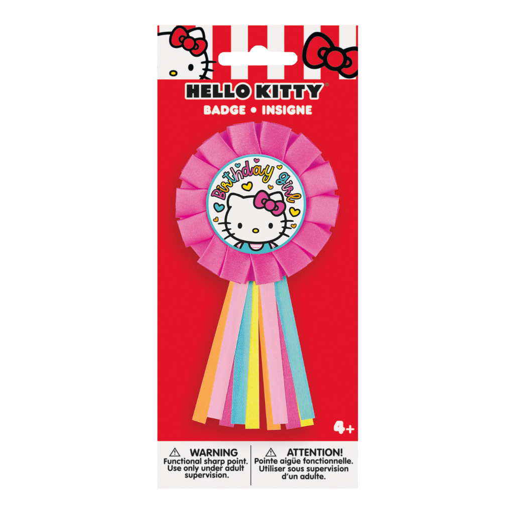 Pink Hello Kitty badge with colorful ribbons birthday girl theme from Parte Haus party supply store in Bethesda MD