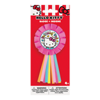 Pink Hello Kitty badge with colorful ribbons birthday girl theme from Parte Haus party supply store in Bethesda MD