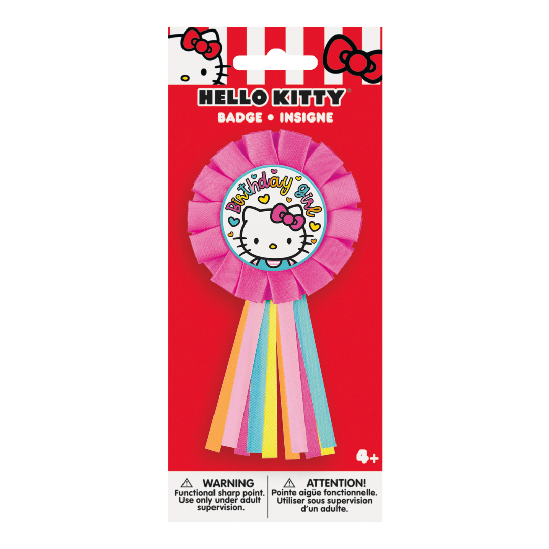 Pink Hello Kitty badge with colorful ribbons birthday girl theme from Parte Haus party supply store in Bethesda MD