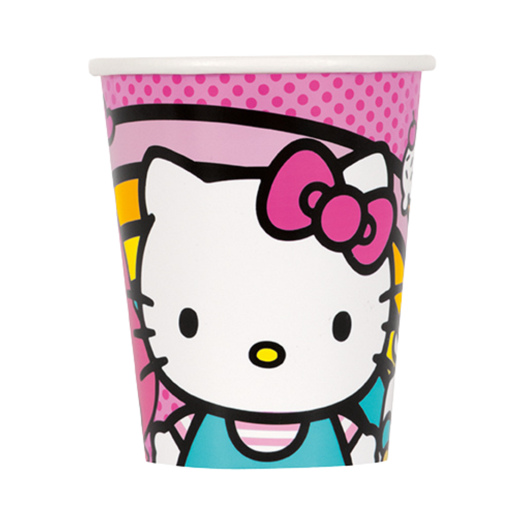 Pink Hello Kitty paper cup with bow and polka dots for birthday theme from Parte Haus party supply store in Bethesda MD