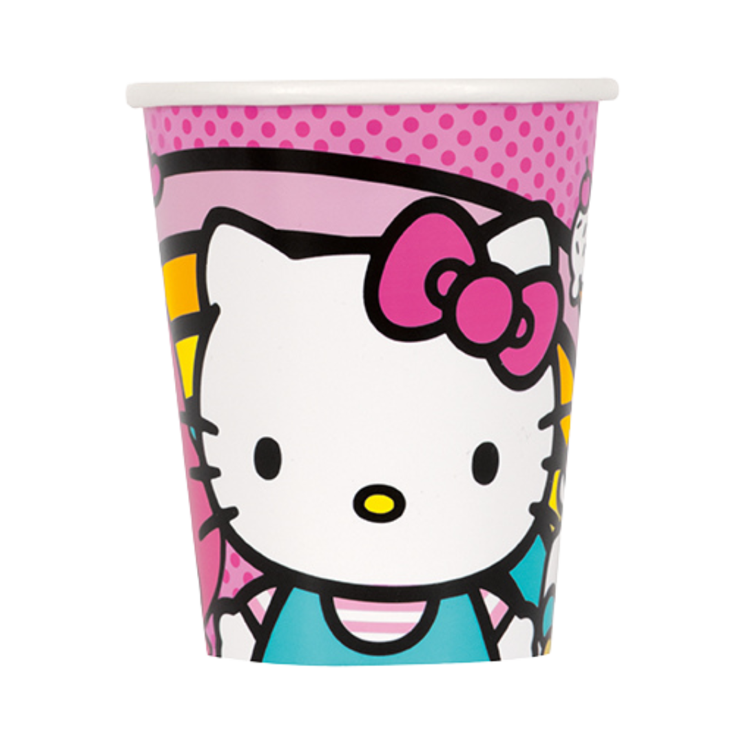 Pink Hello Kitty paper cup with bow and polka dots for birthday theme from Parte Haus party supply store in Bethesda MD