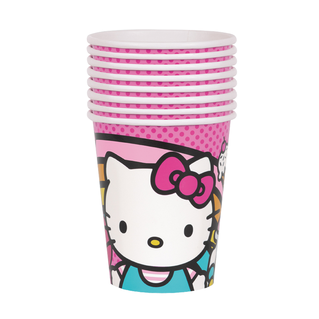 Pink Hello Kitty paper cups for birthday with cartoon design from Parte Haus party supply store in Bethesda Maryland