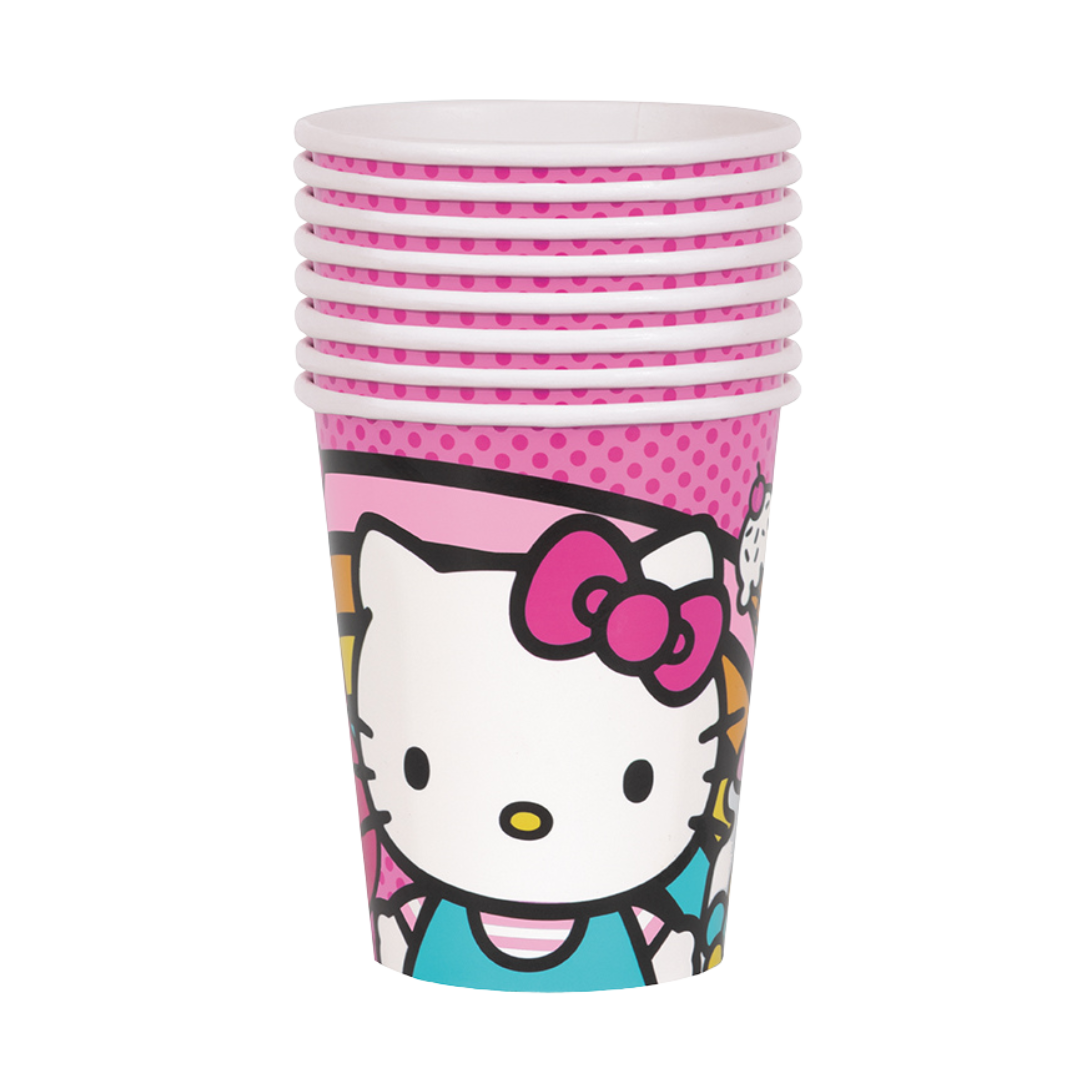 Pink Hello Kitty paper cups for birthday with cartoon design from Parte Haus party supply store in Bethesda Maryland
