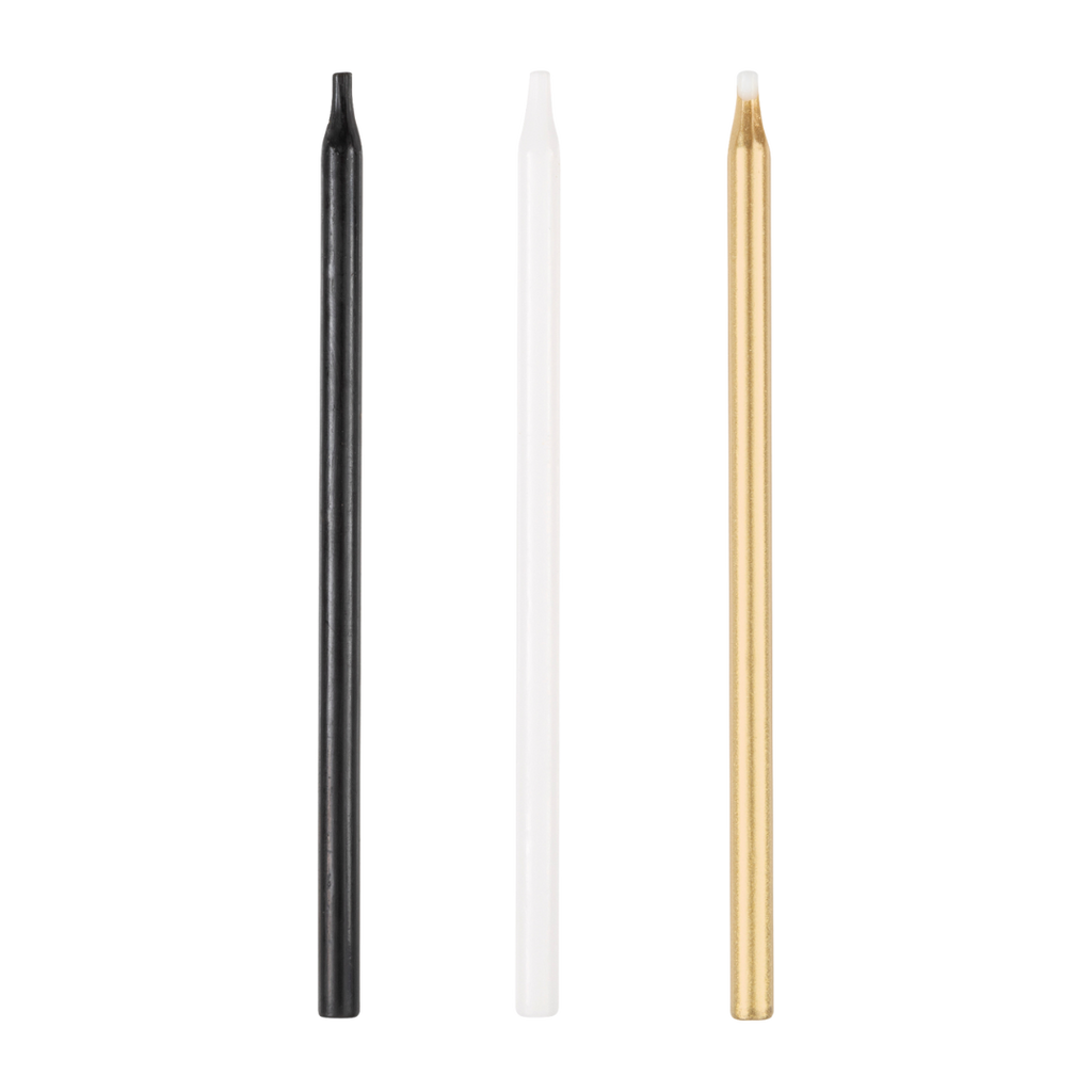 Black white and gold candle sticks modern style for birthdays from Parte Haus party supply store in Bethesda Maryland