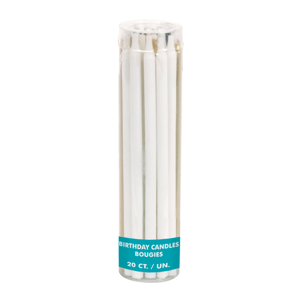 White birthday candles in a clear plastic pack birthday theme from Parte Haus party supply store in Bethesda MD